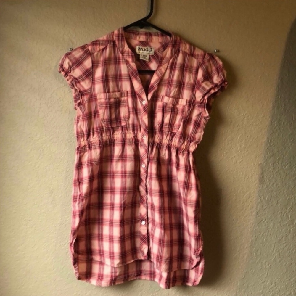 Mudd Shirt Girls Y2K Pink Plaid Short Sleeve Button Down Casual Top Large 14